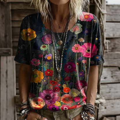 Cardydony Women's Vintage Floral Pattern Casual Short Sleeved T-shirt