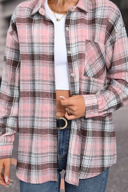 Cardydony Women's Stylish Plaid Collared Long-sleeved Pockets Casual Loose Shirt