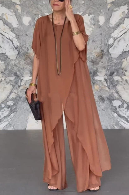 Cardydony Women's Solid Color Round Neck Irregular Loose Chiffon Top and Casual Wide-leg Pants Set