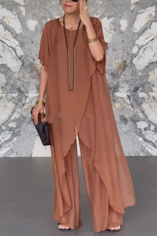 Cardydony Women's Solid Color Round Neck Irregular Loose Chiffon Top and Casual Wide-leg Pants Set