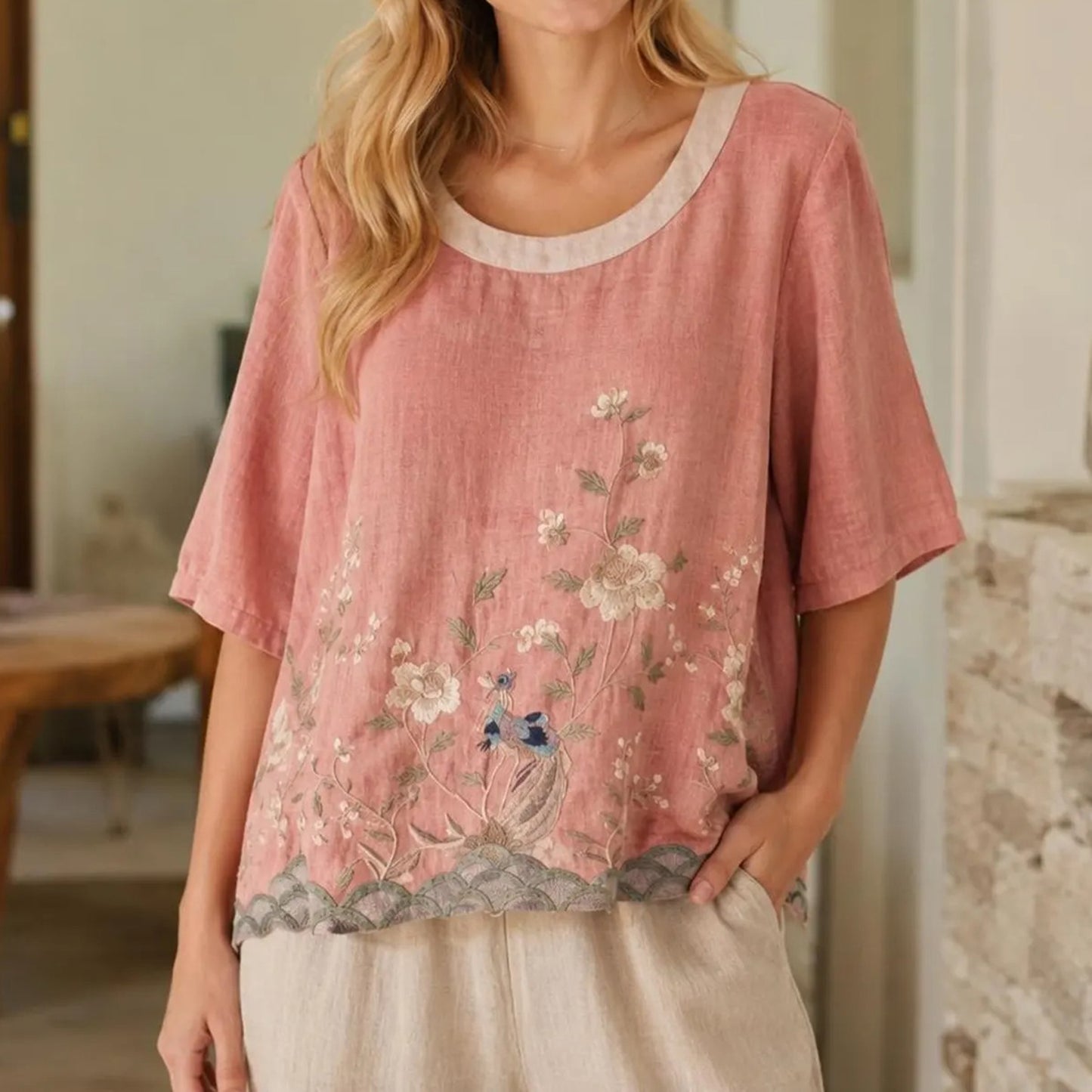 Cardydony Women's Summer Floral In Macarons Colorful Art Linen Blend Short Sleeve Tops