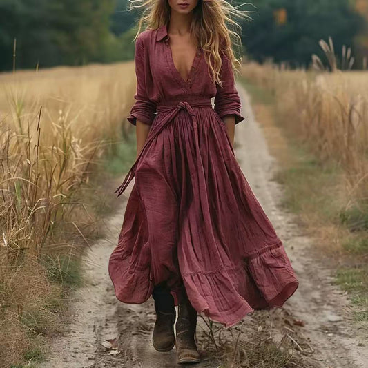 Cardydony Vintage Cottagecore Shirt Collar Flowy Linen Maxi Dress