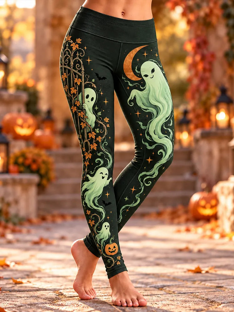 Cardydony Women's Black Halloween Ghost, Gate, And Pumpkin Print High-waisted Leggings