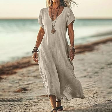 Cardydony Women's Solid Color V-neck Linen Blend Short Sleeve Dress
