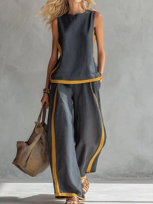 Cardydony Women's Solid Color Color Blocked Vest Long Pants Two Piece Set