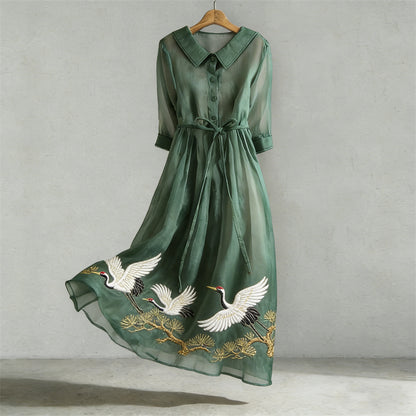 Cardydony Cranes & Pine Trees Japanese Art Flowy Maxi Dress
