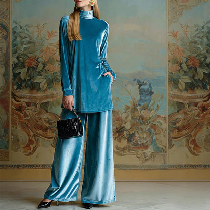 Cardydony Classy Velvet Turtleneck Slit Top & Wide Leg Pants Set