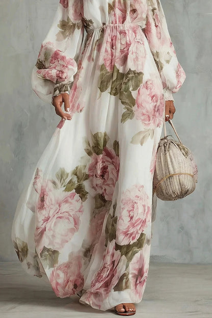 Cardydony Women's Floral Print Off-Shoulder Long-Sleeve Elastic Waist-Defining Maxi Dress
