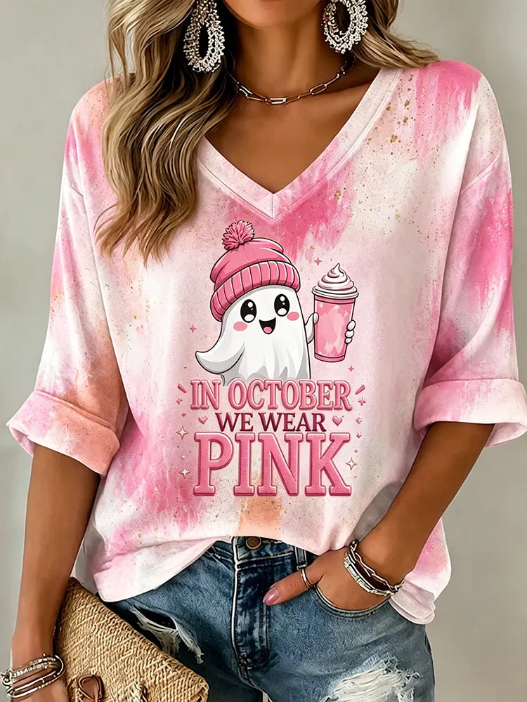 Cardydony Women's Pink Halloween Tie-dye Ghost Letter Print V-neck T-shirt