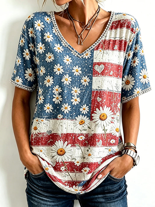 Cardydony Women's Independence Day With Daisy Printed V Neck Casual Tops