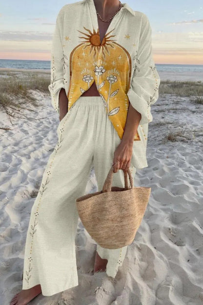 Cardydony Women's Sun-drenched Print Oversized Shirt and Elastic Waist Pocket Pants Set