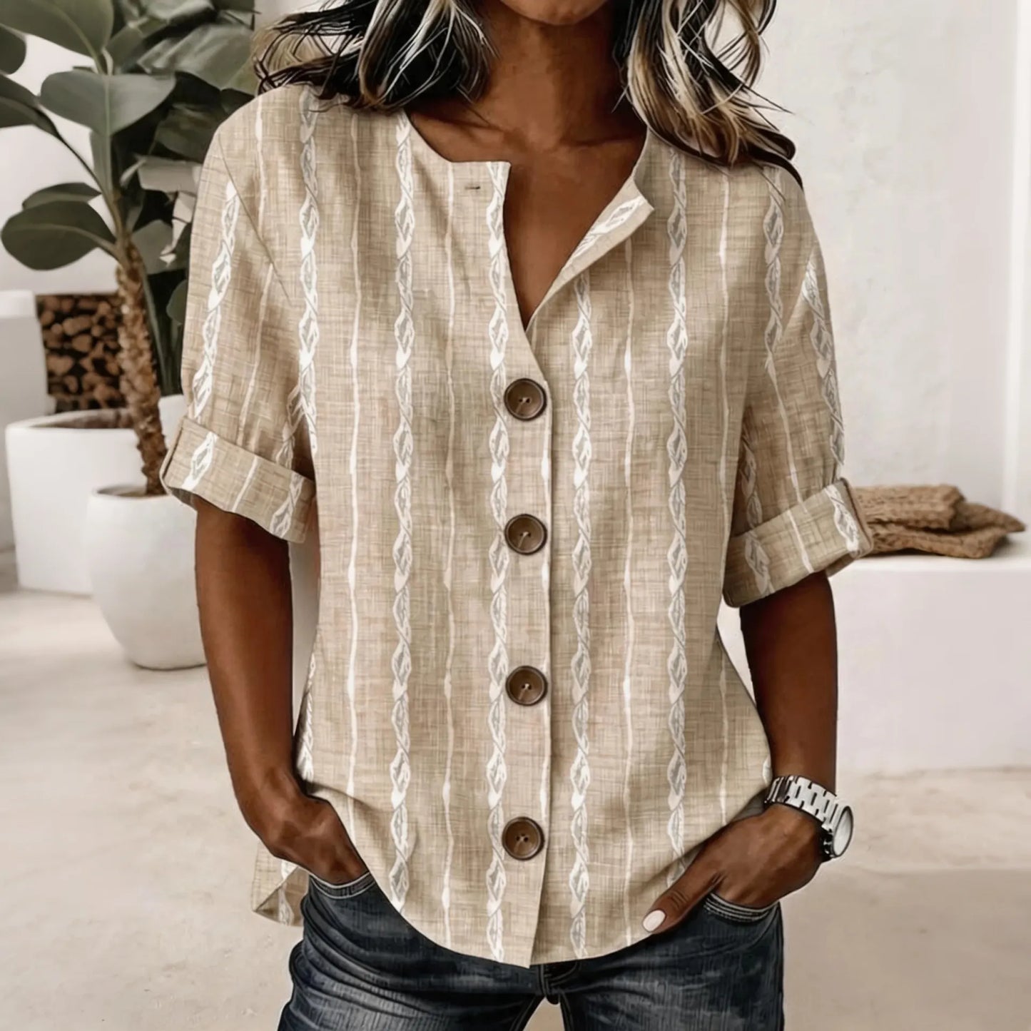 Cardydony Women's Striped Art Pattern Casual Shirt