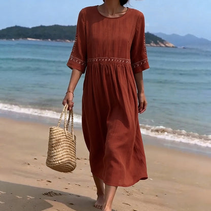 Cardydony Women's Solid Color Embroidery Linen Ramie Dress