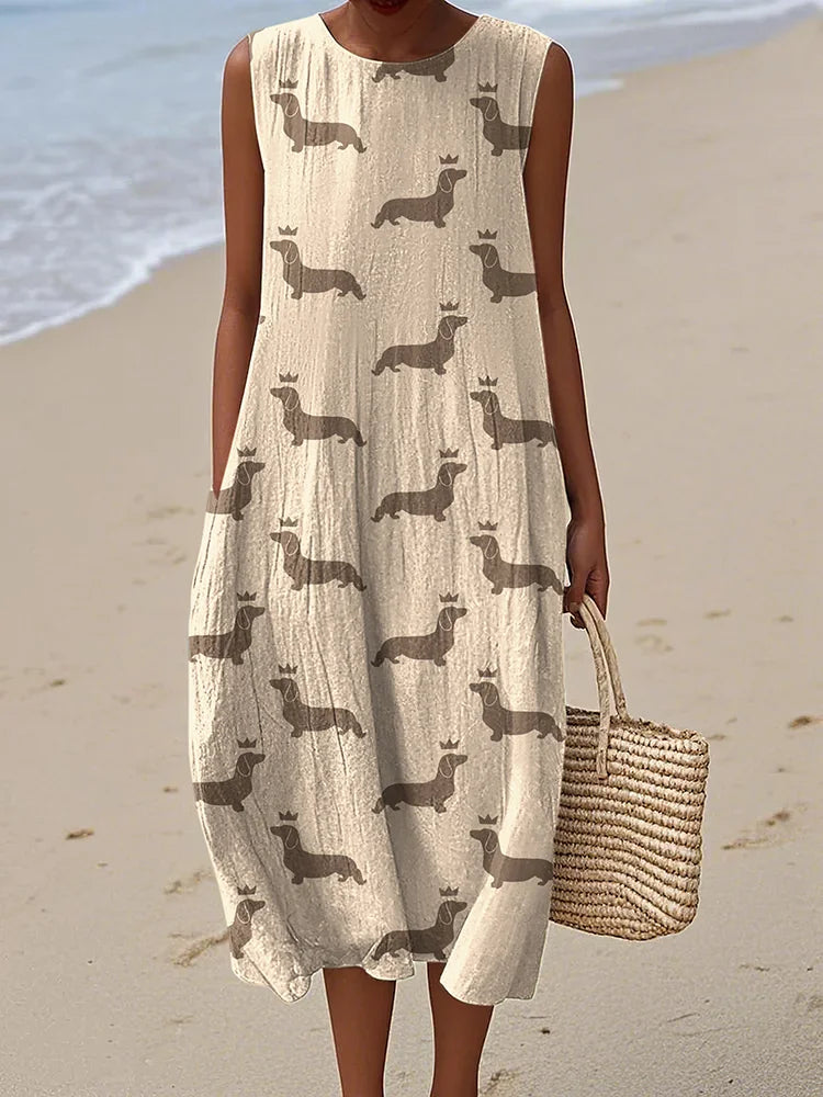 Cardydony Women's Retro Cute Dachshund Dog Art Linen Tank Midi Dress