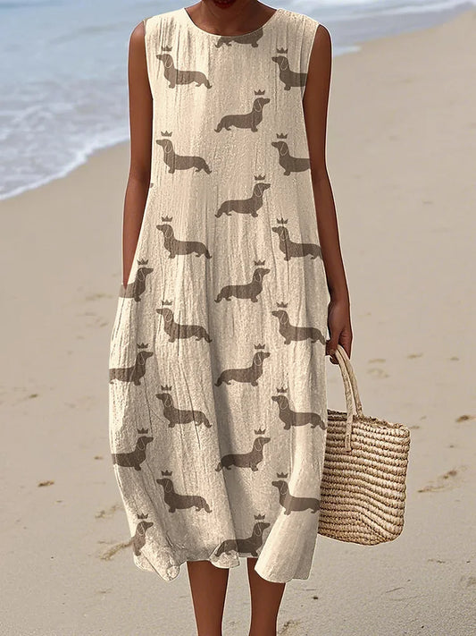 Cardydony Women's Retro Cute Dachshund Dog Art Linen Tank Midi Dress