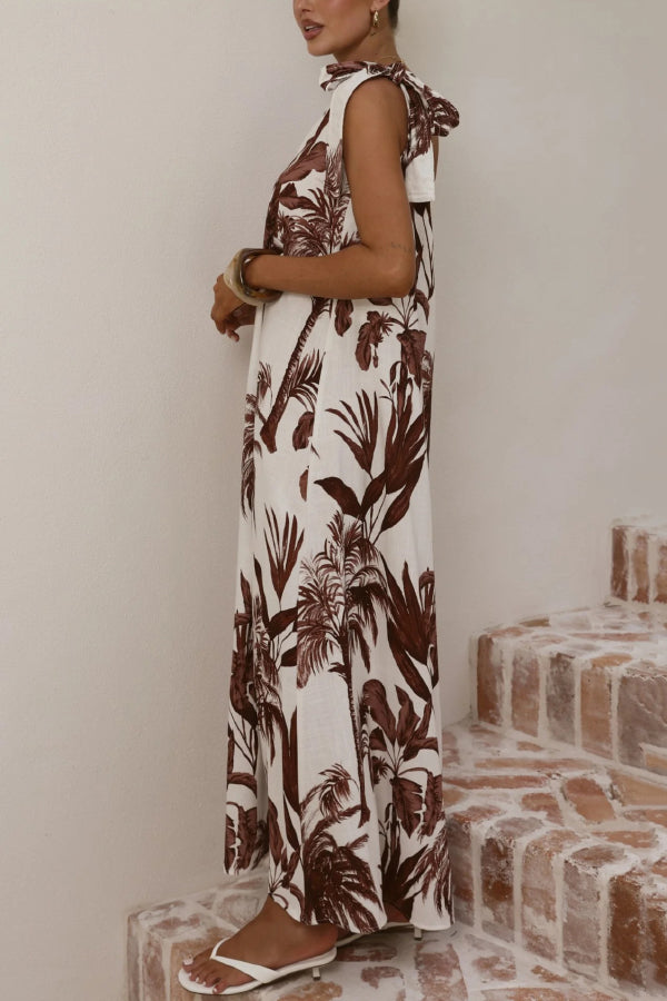 Cardydony Women's Botanical Print Sleeveless One-shoulder Casual Vacation Maxi Dress