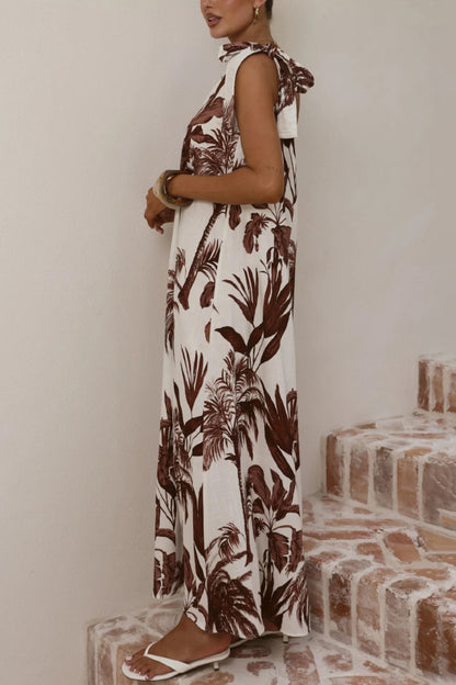 Cardydony Women's Botanical Print Sleeveless One-shoulder Casual Vacation Maxi Dress