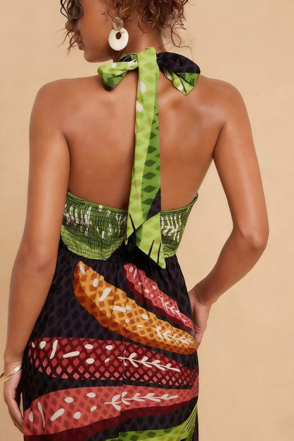 Cardydony Women's  Multi-colored Fish Print Halter Neck Backless Printed Fitted Vacation Maxi Dress