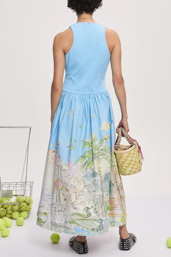 Cardydony Women's Ink Wash Print Round Neck Sleeveless Resort-style Midi Dress