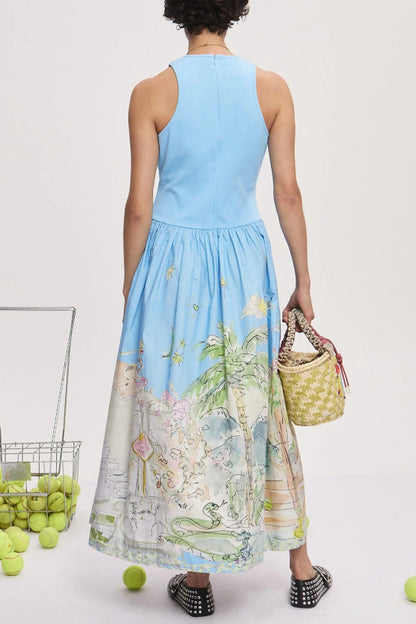 Cardydony Women's Ink Wash Print Round Neck Sleeveless Resort-style Midi Dress