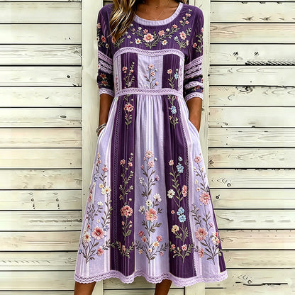 Cardydony Vintage Floral Vine 3d Art Embroidery Spliced Cotton Linen Distressed Round Neck Mid-sleeve Dress