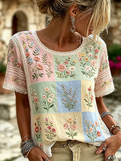Cardydony Women's Floral And Lace Art Embroidery Spliced Vintage Casual Short Sleeve Top
