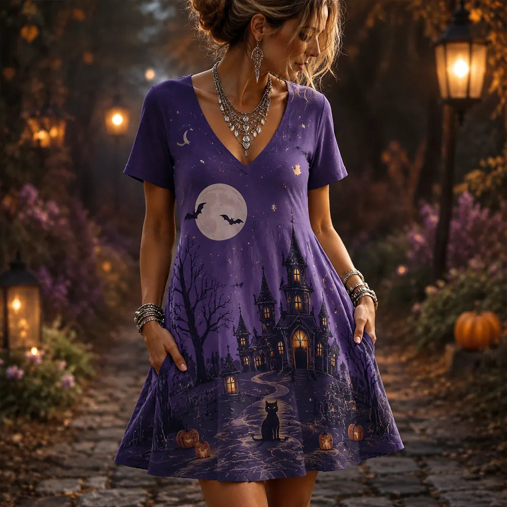 Cardydony Women's Gothic Purple Halloween Haunted House, Moon And Black Cat Short Sleeve T-shirt Dress