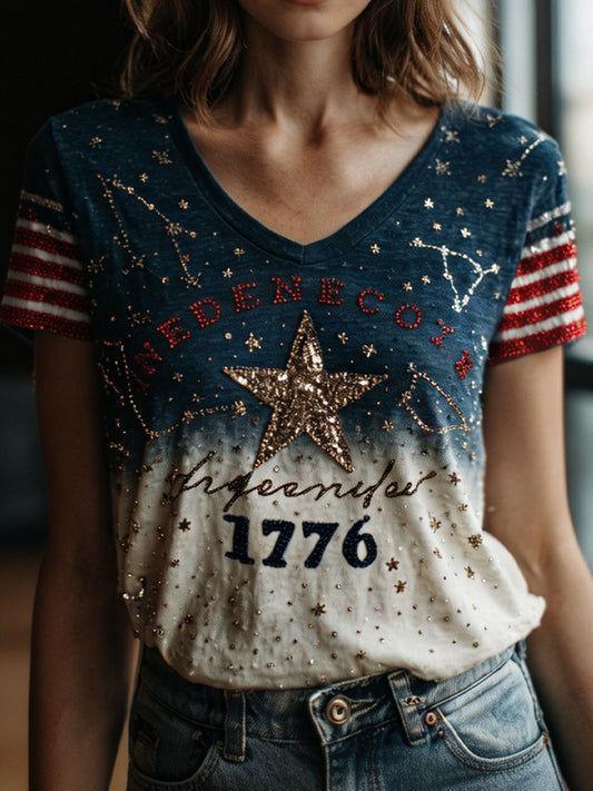Cardydony Vintage 1776 Star Gradient Blue & White V-neck Top