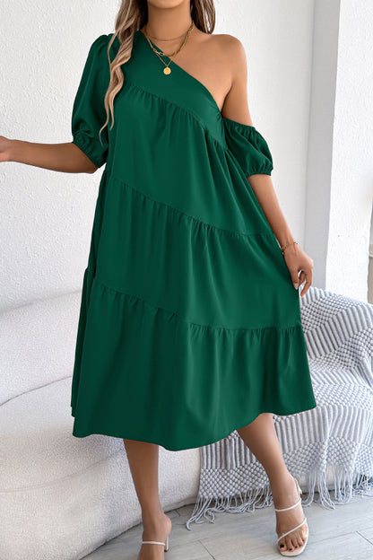 Cardydony Women's Solid Color Loose Slash Neck Short-sleeved Casual Midi Dress
