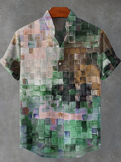 Cardydony Oil Painting Style Lattice Vintage Art Print Casual Cotton Linen Shirt