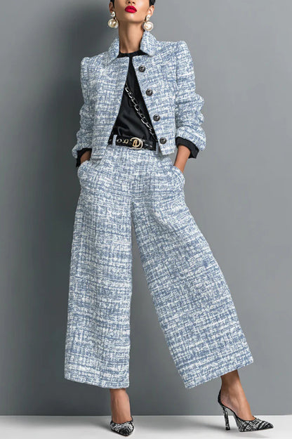 Cardydony Women's Stylish Long-sleeved Single-breasted Short Jacket and Casual Pocket Wide-leg Pants Sets