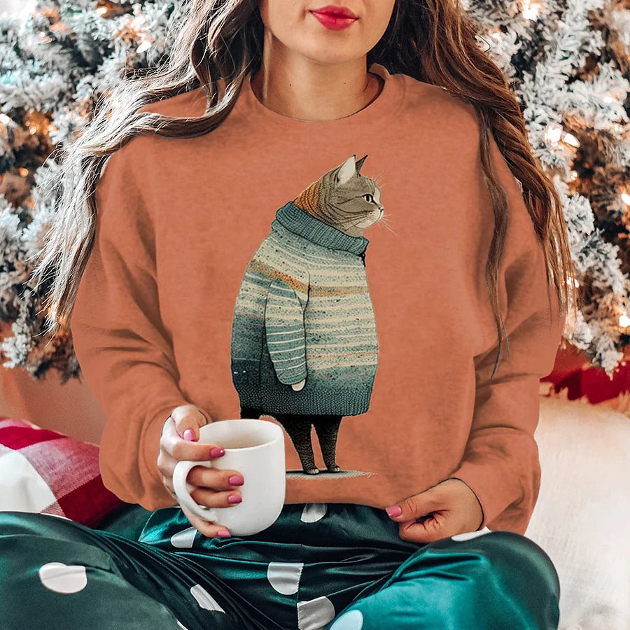 Cardydony Vintage Cat Print Round Neck Long Sleeve Sweatshirt