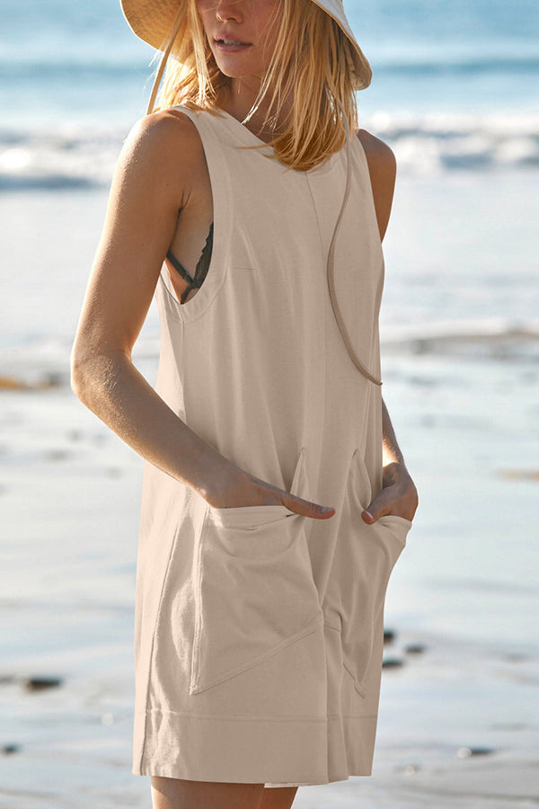 Cardydony Women's Solid Color Casual Round Neck Sleeveless Pocket Loose Rompers
