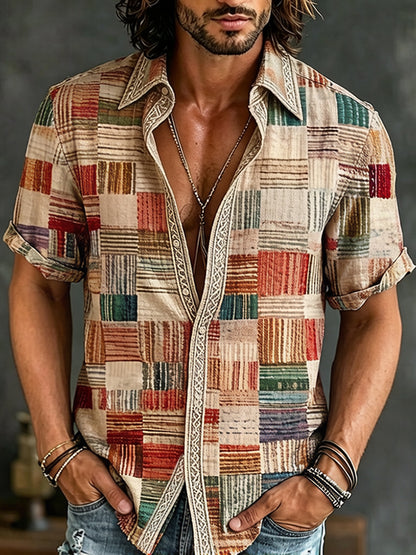 Cardydony Men's Vintage Abstract Geometric Pattern Art Casual Cotton Shirt