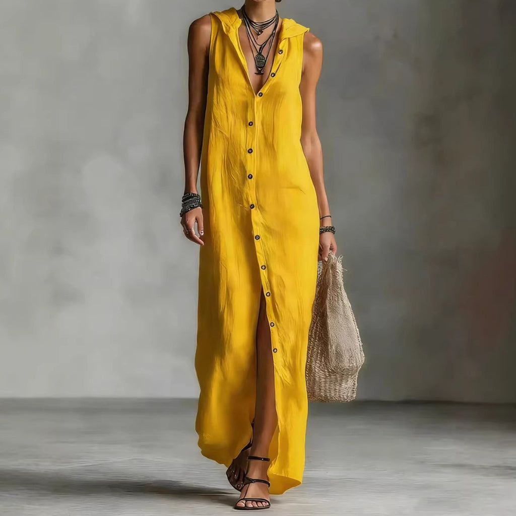 Cardydony Women's Solid Color Button Linen Blend Comfy Maxi Dress