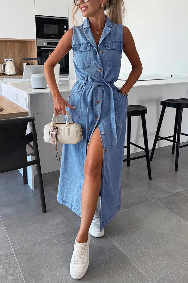 Cardydony Women's Solid Color Sleeveless Single Breasted Waist Tie Casual Pocket Denim Midi Dress