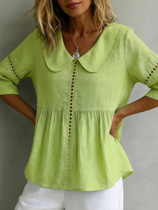 Cardydony Solid Color Vintage Hollow Lace Peter Pan Collar Linen Shirt