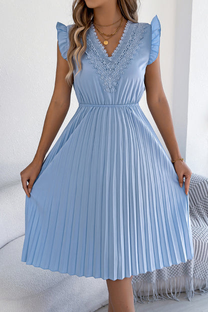 Cardydony Women's Solid Color V-neck Lace-trimmed Sleeveless Casual Pleated Midi Dress