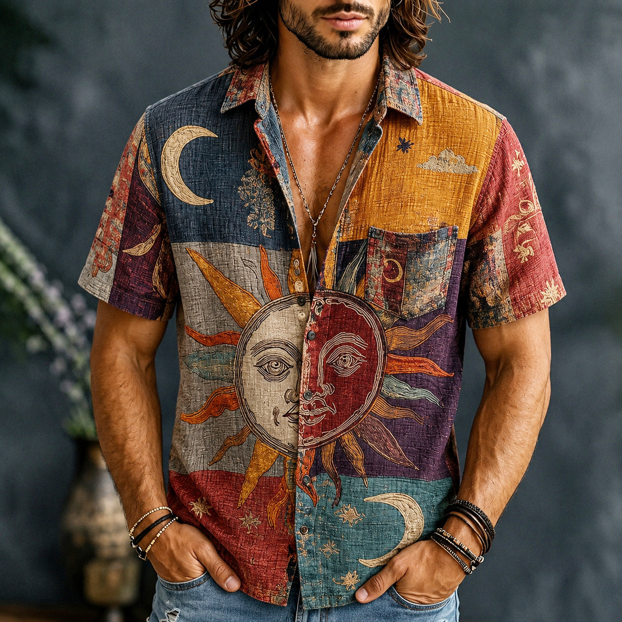 Cardydony Men's Vintage Patchwork Sun Face Moon Art Print Cotton Linen Shirt