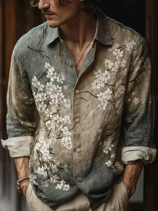 Cardydony Bohemian Retro Style Floral Print Men's Long-sleeve Shirt 1