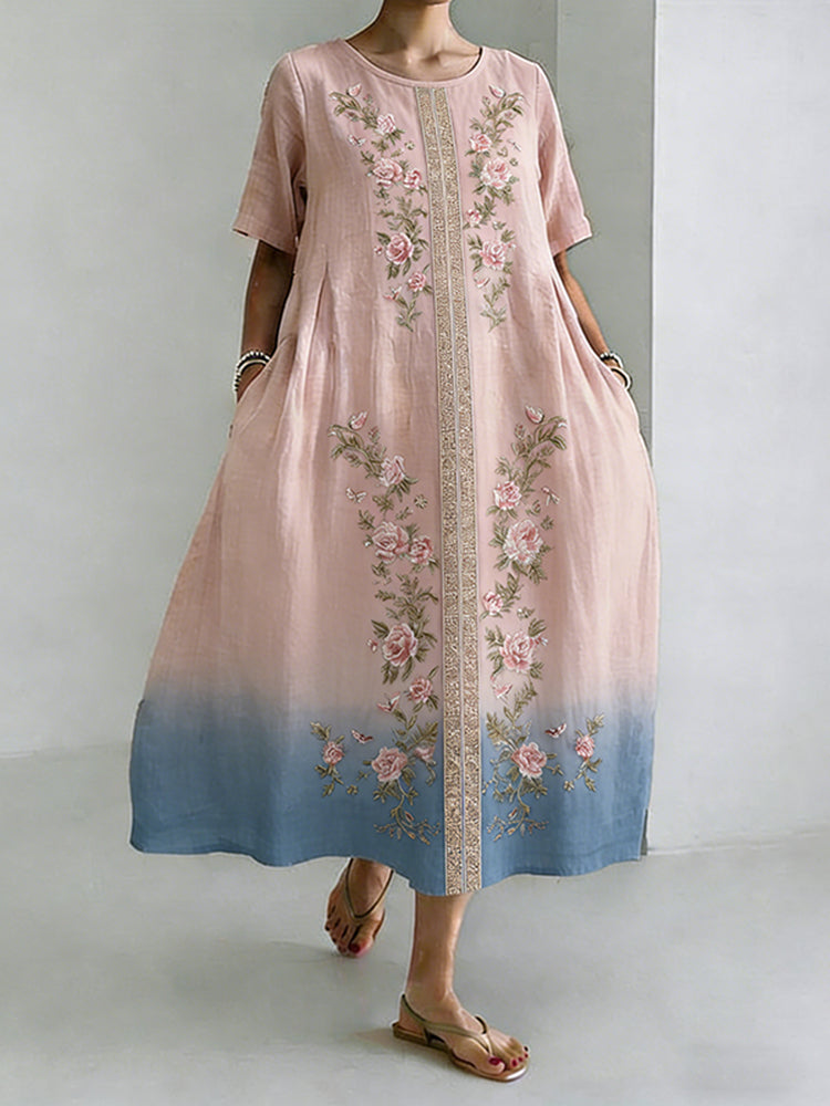 Cardydony Women's Roses Art Print Flowy Linen Blend Casual Short Sleeve Dress
