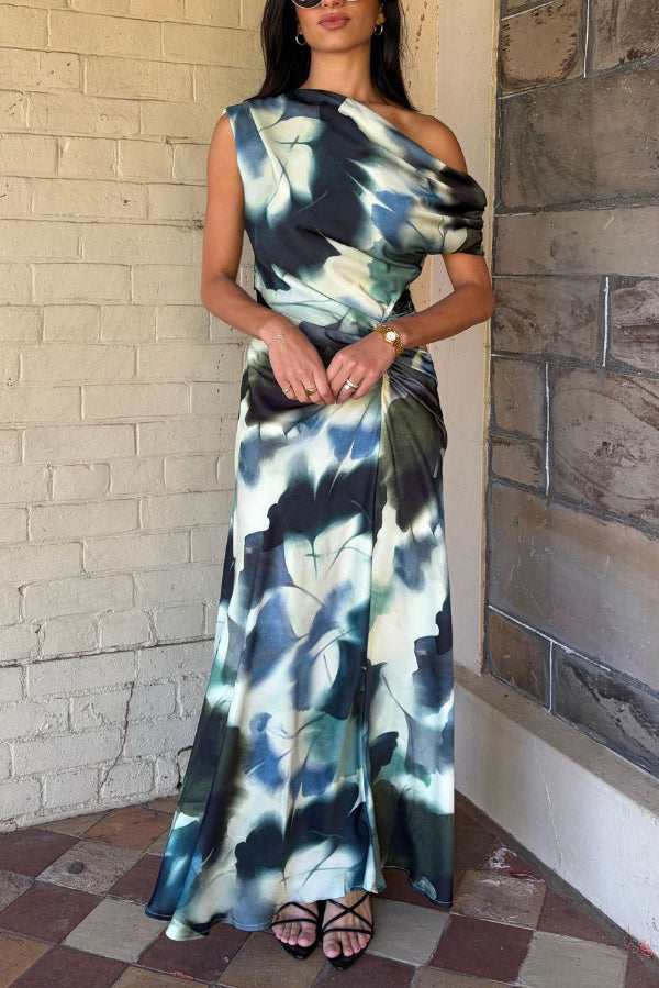 Cardydony Women's Unique Print Asymmetrical Off-Shoulder Pleated Waist Casual Maxi Dress