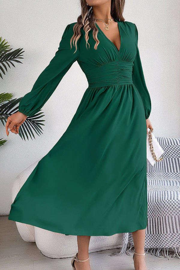 Cardydony Women's Solid Color V-neck Long-sleeved Fitted Waist Slit Elegant Midi Dress