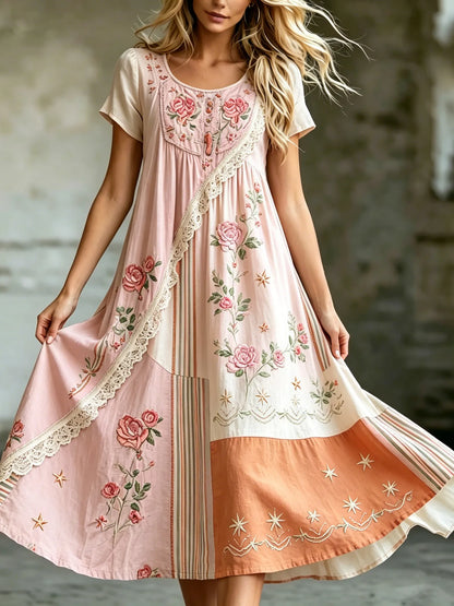 Cardydony Women's Retro Bohemian Floral Embroidery Patchwork Casual Dress