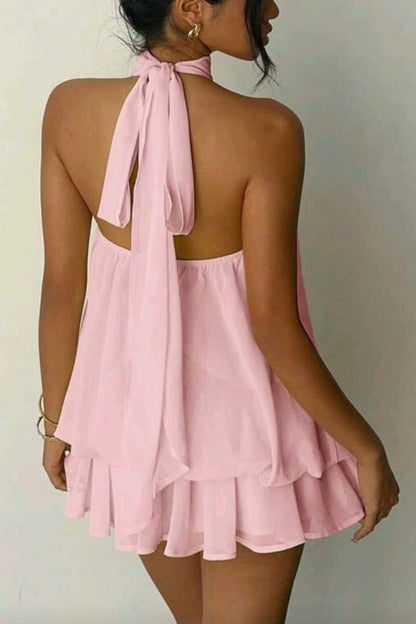 Cardydony Women's  Fashionable Chiffon Halter Neck Backless Lace-up Casual Vacation Mini Dress