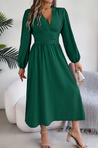 Cardydony Women's Solid Color V-neck Long-sleeved Fitted Waist Slit Elegant Midi Dress