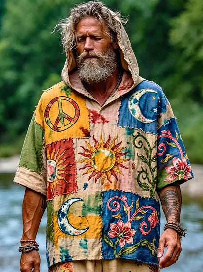 Cardydony Men's Retro Hippie Art Sun Moon Pattern Casual Cotton Linen Hooded T-shirt