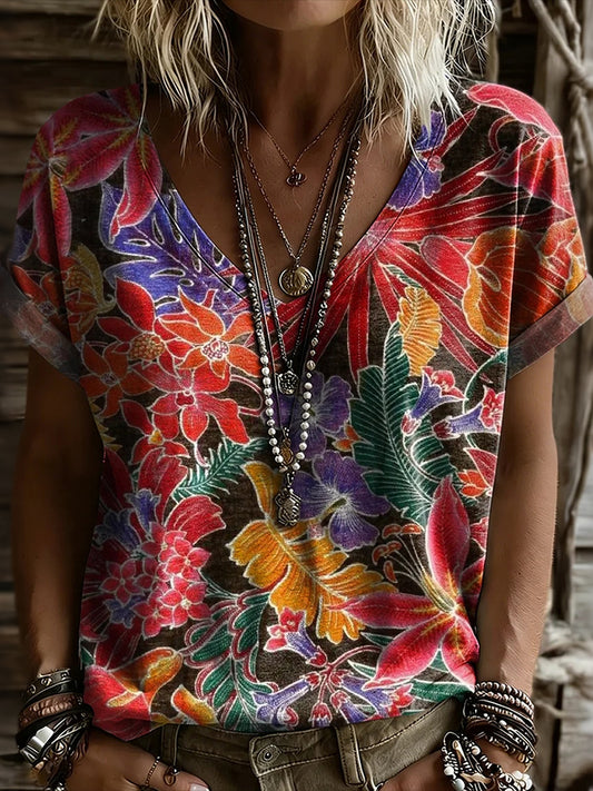 Cardydony Women's Retro Floral Print V-neck Casual T-shirt