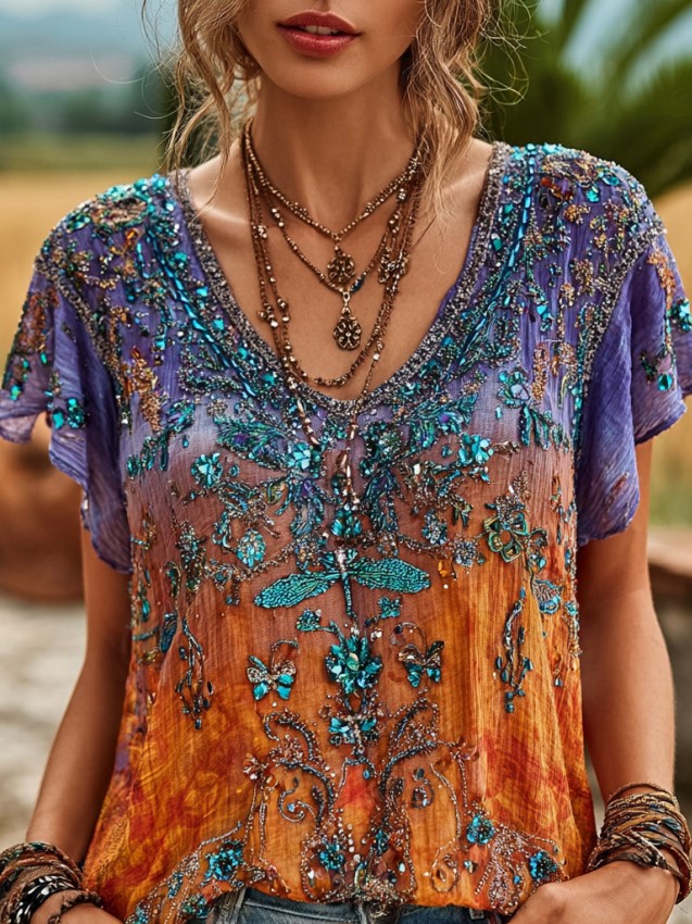 Cardydony Women's Bohemian-style Floral Dragonfly Print V-neck Short-sleeved Top