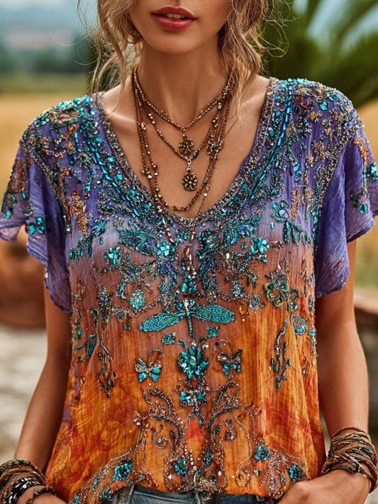 Cardydony Women's Bohemian-style Floral Dragonfly Print V-neck Short-sleeved Top
